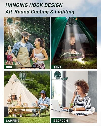 DUKUSEEK Tent Ceiling Fans for Camping Hanging, Portable Tent Fans with Light and Remote Control, Power Bank, USB Battery Operated Camping Fan with Hanging Hook for Outdoor, Car, RV thumbnail 2