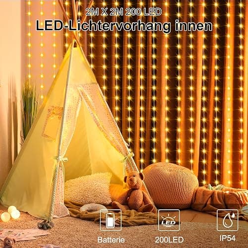 DBFAIRY 2x2M Lichtervorhang innen, 200 LED Lichterketten Vorhang mit 8 Modi Fernbedienung Timer, Batterie Lichterkette Vorhang Wasserfest für Party Hochzeit Innen und außen Deko (Warmweiß) thumbnail 2
