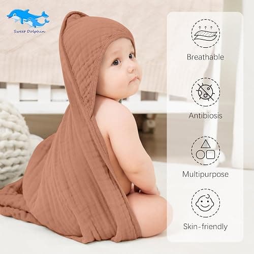 SWEET DOLPHIN Muslin Hooded Baby Bath Towels - 2 Pack 100% Cotton Towel for Babies, Infants, Toddlers - 32x32Inch - Highly Absorbent and Newborn Essential, Light Bean Paste thumbnail 2