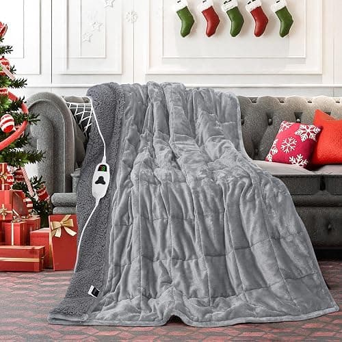 greenoak Heated Weighted Blanket for Adults - Sherpa Fleece Electric Throw Blanket (50”x60”, 13lbs, Light Gray) - Thick Soft Warming Plush Heating Blanket with 10 Heating Levels & 1-8 Hours Auto Off - Image 1