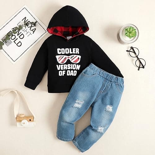 YALLET Toddler Baby Boy Clothes, Long Sleeve Letter Hoodies Top+Ripped Denim Pants 2pcs Fall Winter Outfit Sets - Glasses - 2-3T thumbnail 5
