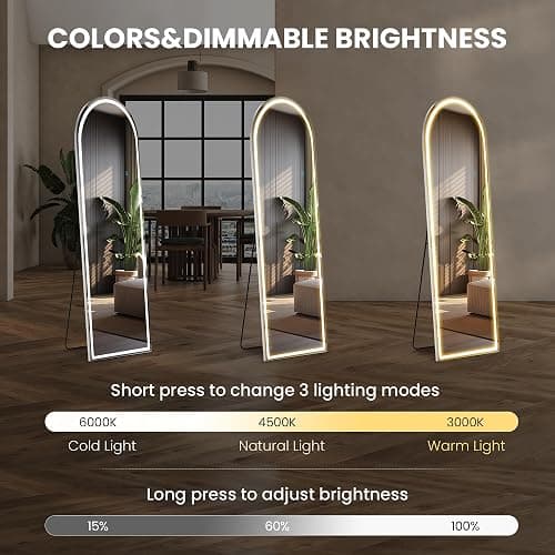 Sweetcrispy Arched Full Length Mirror with LED Lights, 61"x17" Lighted Floor Mirror with Dimming & 3 Color Lighting, Stand for Bedroom, Dressing Room thumbnail 4