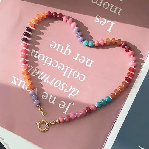 HAXIYA Colorful Beades Gemstone Necklace for Women Boho Beaded Choker Rainbow Colorful Natural Stone Summer Beach Jewelry for Women thumbnail 7