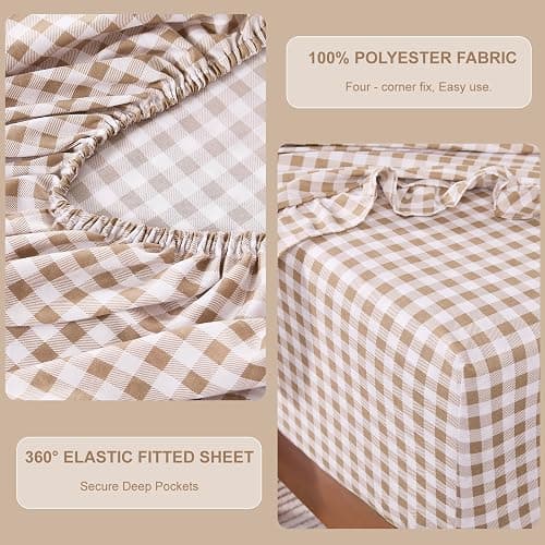 kisswish Gingham Queen Sheet Set, Lightweight Super Soft Brushed Microfiber Plaid Bed Sheets with 16" Deep Pocket, 4 Piece Ruffle Farmhouse Bedroom Decor, Taupe thumbnail 3