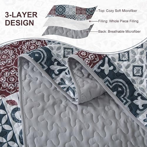 Dobuyly Patchwork Quilt Set Queen Size Boho Plaid Bedspread Red Grey Quilt Coverlet Set, 3 Pieces Soft Microfiber Lightweight Farmhouse Summer Bedding Set for All Seasons 96"x90" thumbnail 7