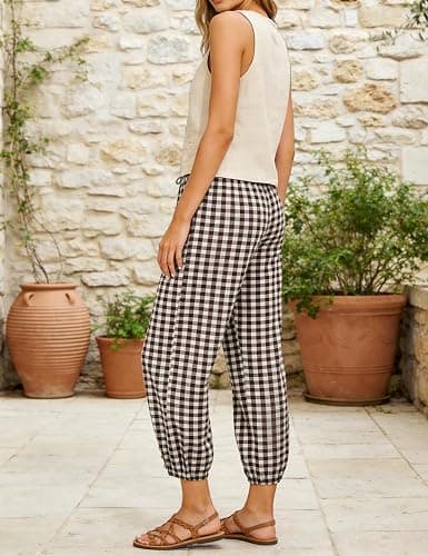Women's Plaid Pants Drawstring Elastic Casual Loose Summer Cropped Gingham Ankle Capris with Pockets thumbnail 5
