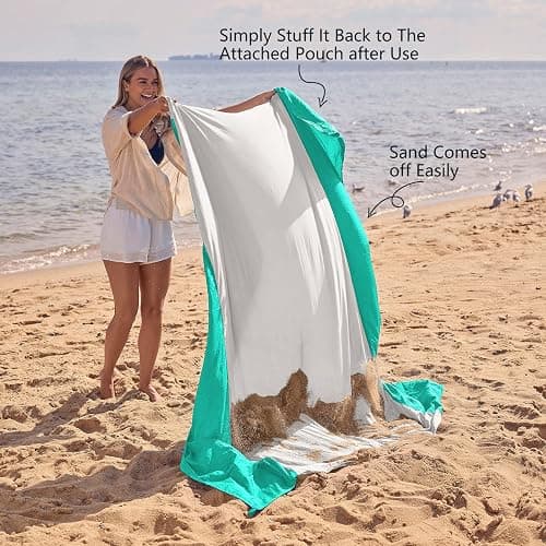 WEKAPO Beach Blanket Sandproof Waterproof, Extra Large Beach Mat, Oversized & Compact Sand Free Mat Quick Drying, Lightweight & Durable with Stakes & Corner Pockets thumbnail 5