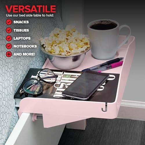 Modern Innovations Bedside Shelf for Bed, College Dorm Room, Bunk Bed Shelf for Top Bunk, Clip On Nightstand, Baby Changing Table Tray, Cup Holder for Kids, Bunkbed Caddy for Table Storage (Pink) thumbnail 7