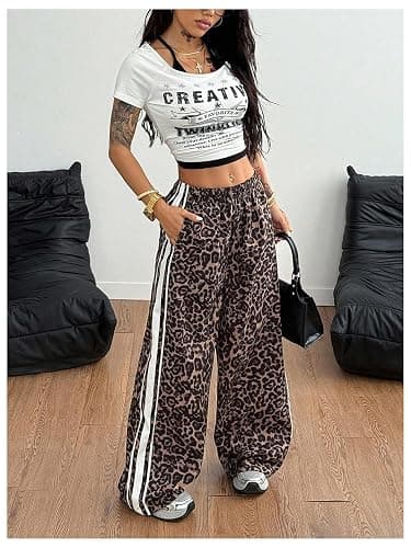 GORGLITTER Women's Leopard Cheetah Print Pants Baggy Wide Leg Low Rise Striped Flare Y2k Sweatpants Trousers thumbnail 5