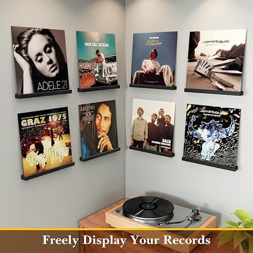 Emfogo Vinyl Record Shelf Wall Mount, 8 Pack Album Record Holder Wall, 12 inch Vinyl Record Storage Shelves Wall, Wood Record Display Black for Living Room thumbnail 5