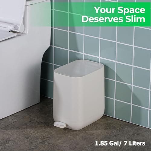 Veinvify 7 Liter Schlanker kleiner Küchen-Mülleimer mit Deckel Soft-Close-Staubeimer Trittpedal Mülleimer Zuhause, Badezimmer Büro aus ABS Waschbar Ivory thumbnail 2