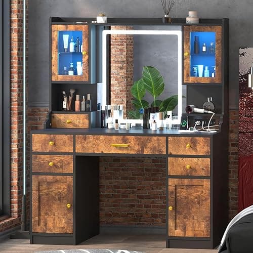 CSZZD Makeup Vanity Desk with Mirror and Lights in 3 Colors, Dressing Vanity Table with Charging Station, Large Vanity Mirror with 6 Storage Drawers & 2 RGB Cabinets for Girls, Women, Rustic Brown - Image 1