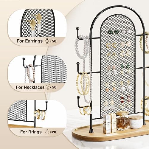 bussdis Jewelry Holder Organizer Earring Display - Stands Earring Storage Earring tree Hanger Jewelry Towers Rack with 6 Hooks 300 Stud Holes Wood Tray for Necklaces Bracelets Rings thumbnail 7