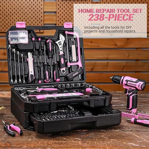 Pink Tool Kit Box Drill Set：DEKOPRO Home Mechanic Toolbox with 12V Power Cordless Drill Hand Repair Tools Sets Combo Kits Storage Organizer Drawer Case for Men & Women thumbnail 2