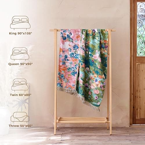 LUTBM Boho Throw Blanket for Bed Cotton Summer Blankets Twin Size for Bedroom Living Room All Season Lightweight Floral Embroidery Reversible Quilt for Couch Sofa Chair 60"x80" Home Decor thumbnail 6
