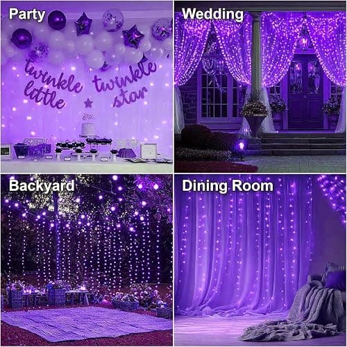 HXWEIYE 300LED Fairy Curtain Lights, 9.8x9.8Ft USB Plug-in 8 Modes Christmas String Hanging Lights with Remote for Bedroom Backdrop Wedding Indoor Wall Decor, Purple, Standard – 1 Pack thumbnail 7