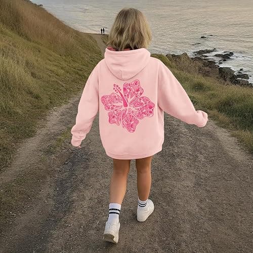 Lubpow Cute Pink Hoodie Kids Girls Aesthetic Preppy Hibiscus Flower Puff Hoodies Kawaii Hawaii Palm Beach Graphic Pullover thumbnail 6