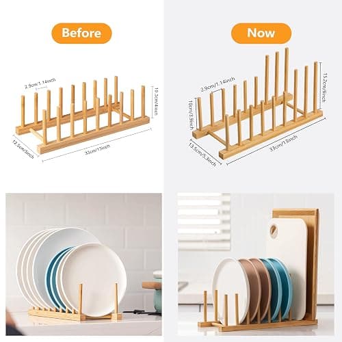 HBlife Heighten Bamboo Wooden Dish Drying Rack Plate Pot Lid Organizer | Plate Bowl Cup Book Pot Lid Cutting Board Stand, Drainer Storage Holder Organizer, For Kitchen Cabinet, 8 Slots thumbnail 7