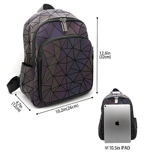 CAFINY Geometric Women's Backpack Geometries Glow Large Purse Backpack Geometrical Luminous Bag Holographic Travel Bags Retro Daypack for Casual, College, Work thumbnail 3