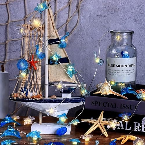 Zhanmai 2 Pcs Ocean Decor String Lights for Bedroom Nautical Theme Seashell Seahorse Conch 10ft 30 LED Battery Operated String Lights for Xmas Tree Ornaments Birthday Holiday Party Decor thumbnail 7