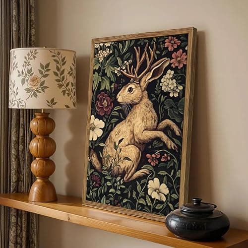 Vintage Rabbit Wall Art Whimsical Dark Cottagecore Jackalope Wall Decor Painting Moody Animal and Botanical Poster Canvas Print for Living Room Bedroom 12x16 inch Wood Framed thumbnail 3
