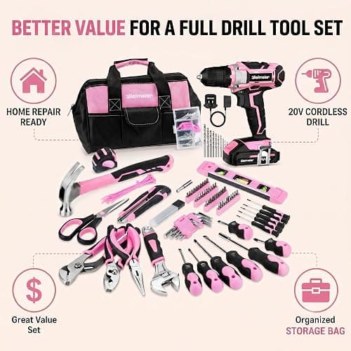 Bielmeier 20V 236Pcs Cordless Pink Drill Set for Women, Lady’s Essential Home Tool Kit with Pink Bag, Perfect DIY Electric Screwdriver Set for Home Repair & Gifts thumbnail 3