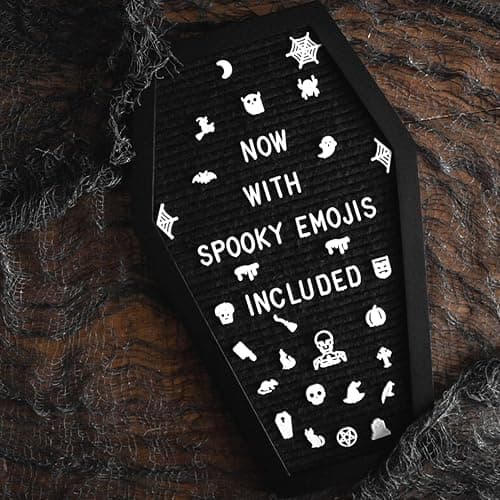 Nomnu Coffin Letter Board, Black Goth Decor with Bat Stickers Spooky Emojis | Wood and Felt board 17x10.5 inches +650 characters 80+ spooky gothic seasonal emojis, sawtooth hanger. Tabletop Stand thumbnail 2
