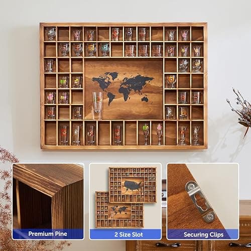 Tristcily Large Shot Glass Display Case with World Map,60 Slots, 34 X 26 Inch Rustic Wood Shot Glass Display Cabinet for 2 Size -In Rooms Bars Wine Cellars with Shot Glasses Jewelry Shell & Keepsakes thumbnail 3