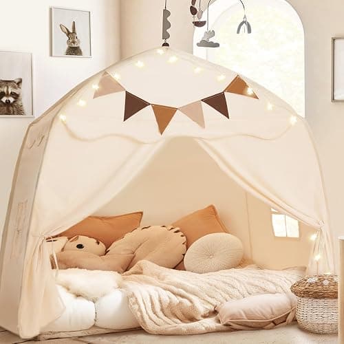 Extra Large Kids Play Tent with Flags & Star Lights, Portable & Foldable Teepee, Boys & Girls, Indoor Outdoor Dome Tent Playhouse, 59x39x59 in, Cream thumbnail 7