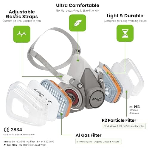 AirGearPro G-500 Reusable Respirator Mask with A1P2 Filters | Anti-Dust Mask Ideal for Painting, Woodworking, Construction, Sanding, Spraying, Chemicals, DIY etc thumbnail 2
