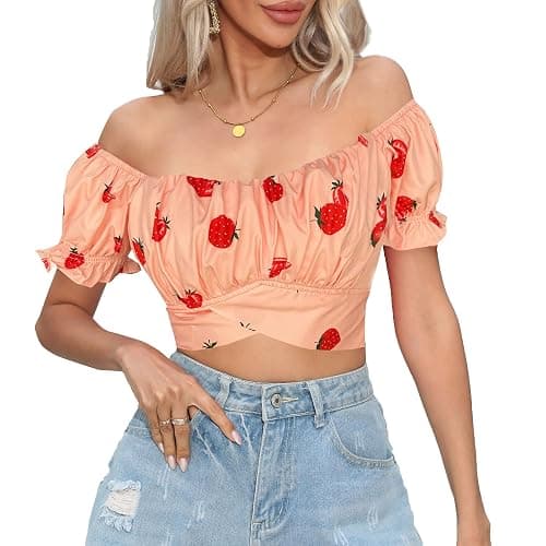 COOUFE Women's Crop Tops Ruffle Short Sleeve Tie Back Summer Off Shoulder Top Blouse - Image 1