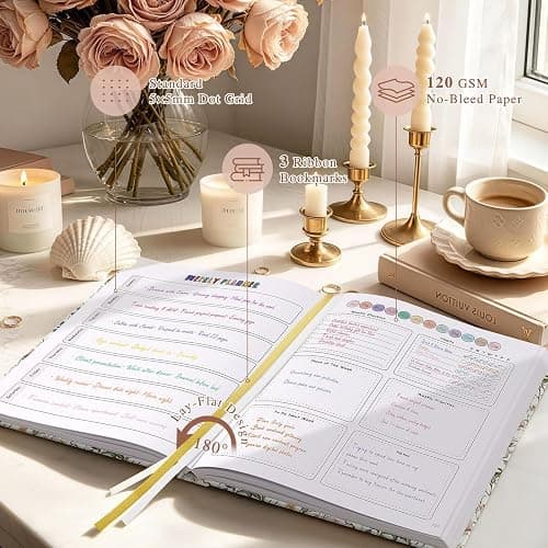 Everloria Premade Dotted Journal Notebook, 12 Months Pre-made Bullet Templates, 260 Hand-Drawn Coloring Pages, Undated Weekly & Monthly Planner, 7.8"x9.3" Leather Dot Grid Habit Mood Tracker thumbnail 6