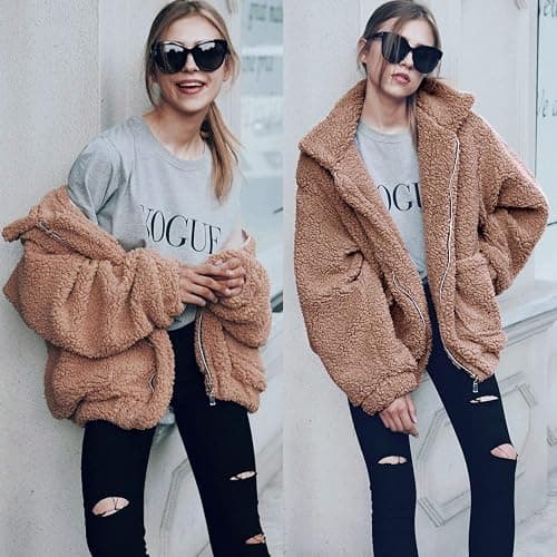 Comeon Women's Coat Casual Lapel Fleece Fuzzy Faux Shearling Zipper Coats Warm Winter Oversized Outwear Jackets thumbnail 2