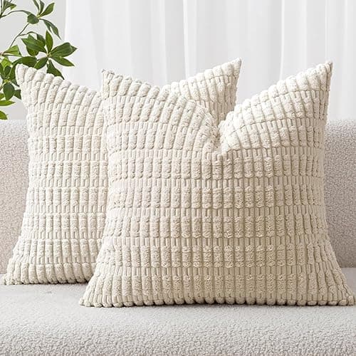 MIULEE Pack of 2 Corduroy Decorative Throw Pillow Covers 18x18 Inch Soft Boho Striped Pillow Covers Modern Farmhouse Home Decor for Sofa Living Room Couch Bed Cream White - 18" x 18" (Pack of 2) - Cream White - 2