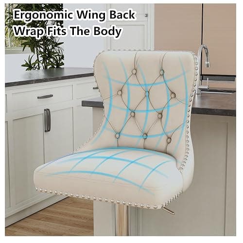 Swivel Bar Stools Set of 4, Velvet Height Adjustable Counter Chairs,Beige | Upholstered Modern Barstools with Button Tufted Back & Silver Footrest, For Dining Room Kitchen Island thumbnail 7