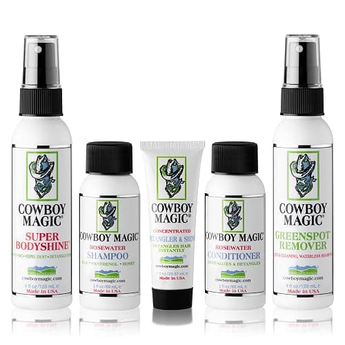 Cowboy Magic Sample Kit – Includes Rosewater Shampoo (2 oz), Rosewater Conditioner (2 oz), Super Bodyshine (3.4 oz), Greenspot Remover (3.4 oz), & Detangler & Shine (1 oz) – Perfect for Travel & Tack - Image 1