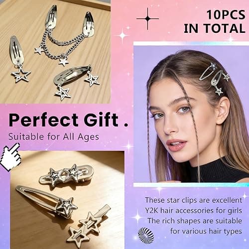 10PCS Y2K Silver Star Hair Clips, 8 Different Shapes Metal Pentagram Barrettes, Punk Kawaii 2000s Hair Clips Cute Y2K Accessories WomenStar Clips Hair for Women and Girls thumbnail 3