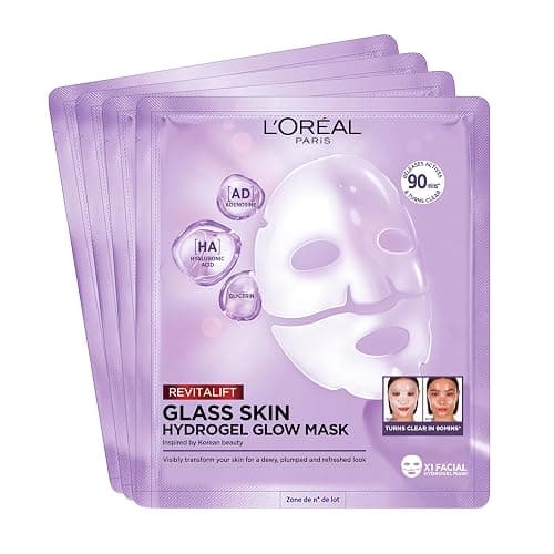 L'Oréal Paris Glass Skin Hydrogel 4er Maskenbox, für aufgepolsterte & glowy Haut, feuchtigkeitsspendend & glättend, [mit Hyaluronsäure], Revitalift Filler, Vorteilsset, 100g - Image 1