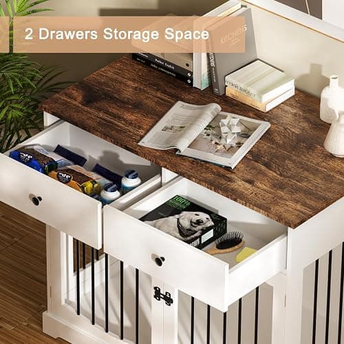 BREEZEHEAT 40 inch Dog Crate Furniture-Farmhouse Dog Kennel with Drawers-End Table Wooden Pet Crate, Double Door Design, Decorative Dog House Indoor for Small Medium Large Dog, White thumbnail 5