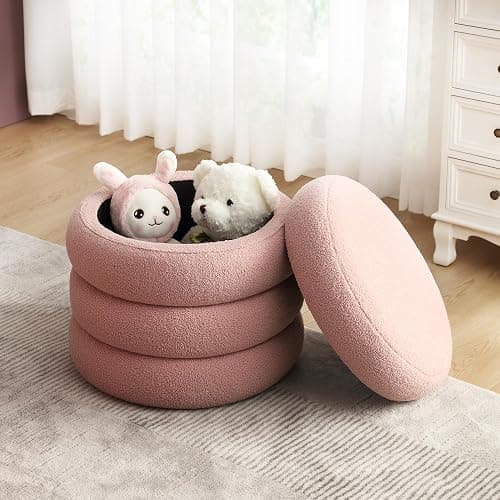 JIRAIN 20.1 Inch Round Storage Ottoman, Modern Sherpa Ottoman Coffee Table with Removable Top, Pink Vanity Stool with Storage for Bedroom, Living Room, Dorm, Set of 1 thumbnail 8