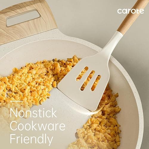 CAROTE Silicone Cooking Utensils Set, Kitchen Utensils Set 10 Pcs for cooking, BPA Free Spatula Set with Heat Resistant Wood Handles for Nonstick Cookware (Cream White) thumbnail 4