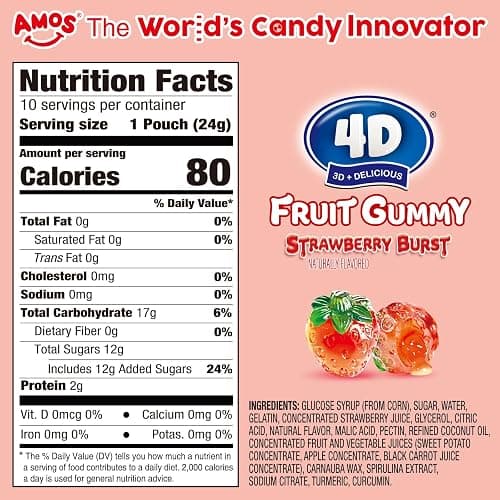 AMOS 4D Gummy Candy Strawberry Burst Candy– Fruity, Jelly-Filled, Natural Flavor – 240g Box (Pack of 10) thumbnail 2