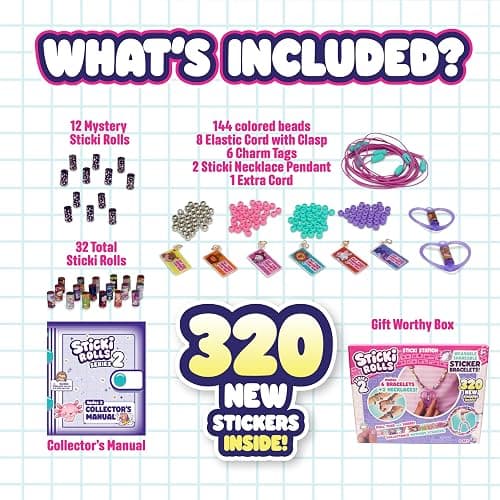 Sky Castle STICKI Rolls Sticki Station - The Original Wearable Shareable Sticker Jewelry Kit | Includes 320 Mini Stickers | Builds 6 Bracelets & 2 Necklaces | Over 1000 Designs to Collect! (Series 2) thumbnail 4