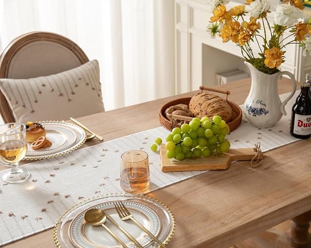 Boho Table Runner 13 x 72 Inch Long Natural Cotton Woven Runner with Tassels for Home Dining Table décor, for Modern Farmhouse Decor Coffee Table Runner, Taupe and Beige thumbnail 2