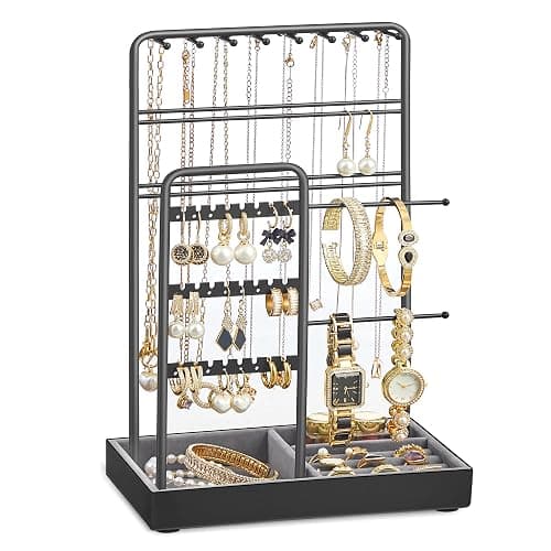 SONGMICS Necklace Holder, Jewelry Stand Holder Organizer, Jewelry Display with Metal Frame, Velvet Tray,Earring Bracelet Holder, for Gift Idea, 4.5 x 7.7 x 12.1 inch, Ink Black UJJS021B01 - Image 1