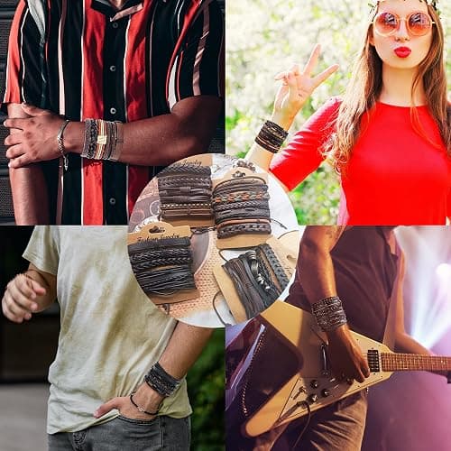 SONNYX 44 Pcs Braided Leather Bracelets for Men Women Woven Cuff Wrap Bracelets Hemp Cords Wood Beads Ethnic Tribal Bracelets Adjustable Leather Wristbands thumbnail 6