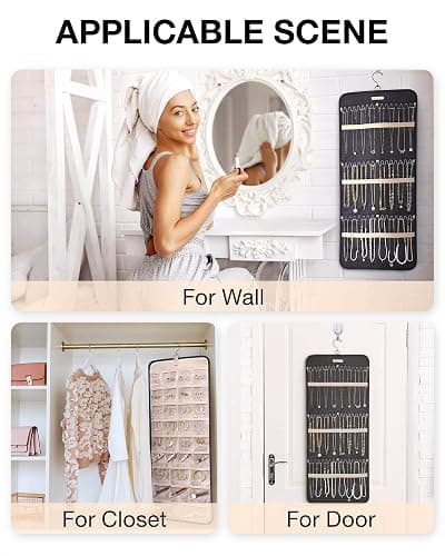 BAGSMART Hanging Jewelry Organizer Storage Roll with Hanger Metal Hooks Double-Sided Jewelry Holder for Earrings, Necklaces, Rings on Closet, Wall, Door, 1 piece, Large, Black thumbnail 6