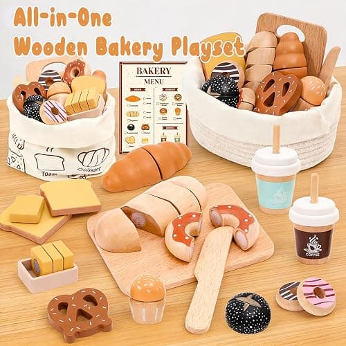 Wooden Bakery Playset Food Toys, Kids Pretend Play Food Baking Set Kitchen Accessories with Storage Bag, Pretend Play Bread Cutting Food for Boys Girls 3+ thumbnail 3