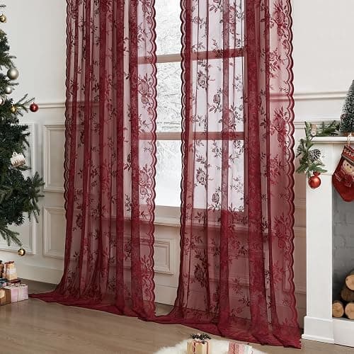 Burgundy Lace Curtains 84 Inches Long Vintage Floral Curtains 2 Panels for Bedroom Living Room Rod Pocket Light Filtering Maroon French Romantic Window Curtains Modern Wine Decor Neutral, 52x84 - 52"W x 84"L (Pack of 2) - Burgundy thumbnail 3
