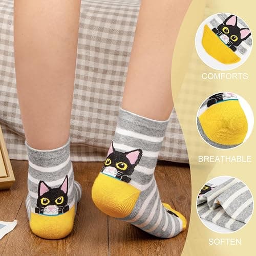 5-6 Pairs Women's Cute Cat Socks Gifts, Funny Novelty Animal Print Crew Cotton Socks Christmas Gifts for Women Girls thumbnail 5